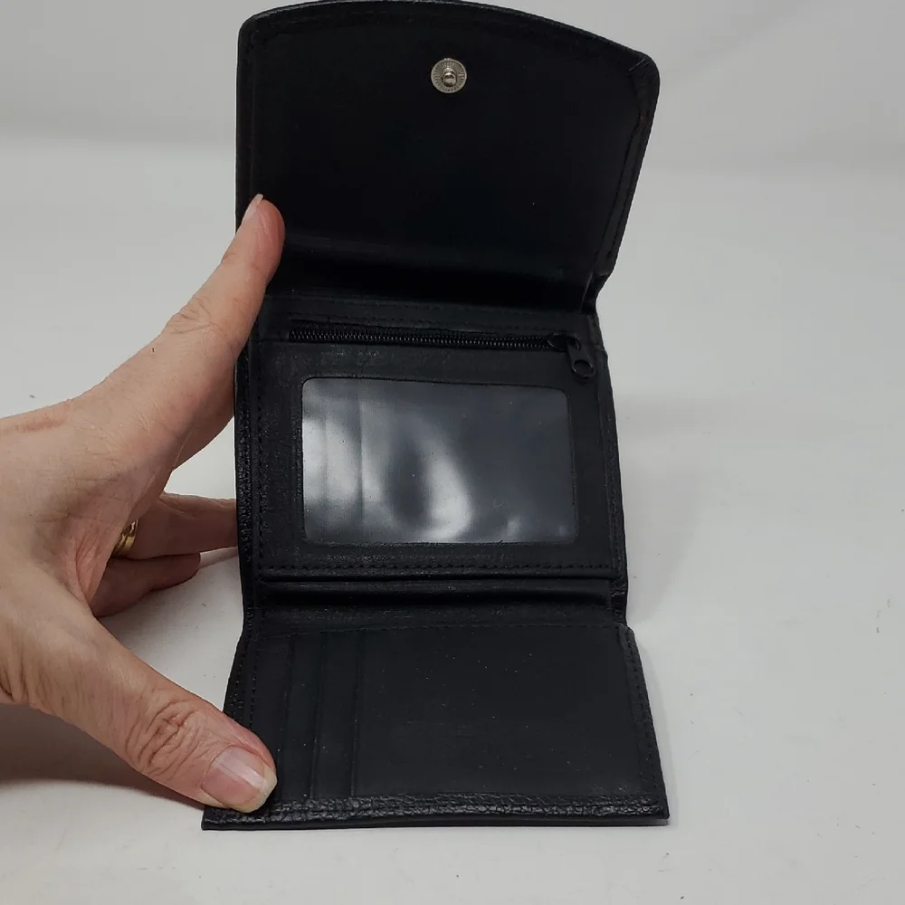 Black Leather Tri-fold Wallet With Cross Embrossed On Front